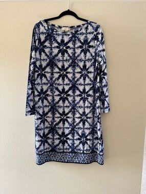 Michael Kors Navy and White Long Sleeve Printed Shift Dress